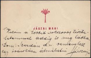 cca 1900 Jászai Mari (1850-1926) színésznő saját kézzel írt sorai névjegykártyáján Kedves Asszonyom! megszólítással, valószínűleg Hermann Leontinnak, Gerő Ödön művészeti újságíró, szerkesztő feleségének, melyben arról ír, hogy nem tudott elég almát vinni a gyerekeknek, de cselédje pótolni fogja