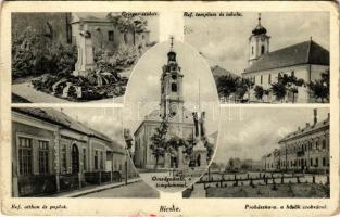 1940 Bicske, Grieger szobor, Református templom és iskola, Református otthon és paplak, Országzászló a templommal, Prohászka utca a Hősök szobrával, emlékmű. Nagy János kiadása (kopott sarkak / worn corners)