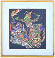 Jelzetlen: Thaiföldi sárkányölő harcosok. Selyemfestés, üvegezett fa keretben, 29,5x25,5 cm