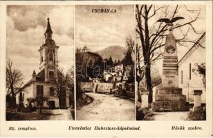 1944 Csobánka, Római katolikus templom, utca részlet a Hubertusz kápolnával, Hősök szobra, emlékmű