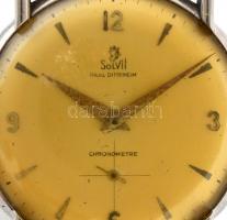 Solvil mechanikus karóra, kissé kopottas bőr szíjjal, működik, mutatói rozsdásak