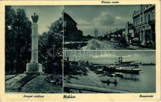 1938 Mohács, Lengyel emlékmű, Fő utca, Duna részlet, gőzhajó, csónakok (EK)