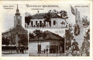 1926 Kocsér, Római katolikus templom, Községháza, Hősök szobra, emlékmű, Hangya Szövetkezet üzlete. Veisz Vilmos felvétele (gyűrődés / crease)