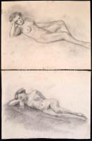Nagy Barbara (1976-), 2 db mű: Fekvő női akt. Szén, papír, jelzett, egyik szakadással, 38x50 cm