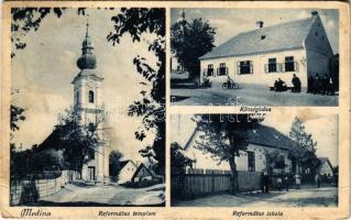 1948 Medina, Református templom és iskola, Községháza, kerékpár. Hangya Szövetkezet kiadása (gyűrődés / crease)