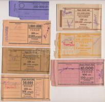 ~1945-1946. 6db, 6xklf bankjegy kötegelő pengő bankjegyekhez, kitöltött + ~1998. 1db bankjegy kötegelő 1000Ft-os bankjegyekhez, kitöltetlen