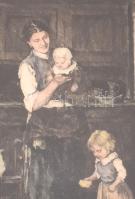 Munkácsy Mihály után Kórusz József (1927-2010): Anya gyermekeivel, színezett rézkarc, papír, jelzett...