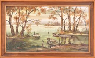 Reinhardt István (1936-): Csónakok. Olaj, farost, jelzett, fa keretben, 49,5×89,5 cm