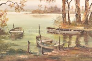 Reinhardt István (1936-): Csónakok. Olaj, farost, jelzett, fa keretben, 49,5×89,5 cm