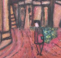 Amos jelzéssel: Utcán. Olaj, karton, fa keretben 39x29 cm