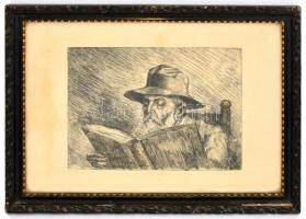 Fazekas (?) Károly jelzéssel: Olvasó öreg. Rézkarc, papír. Üvegezett fa keretben, 16x22 cm