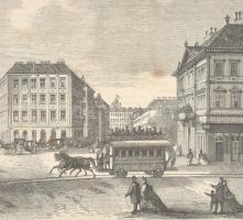 Die Straßen-Eisenbahn in Pest (a Lóvasút Pesten), 1870 körül. Fametszet, papír, üvegezett fa keretbe...