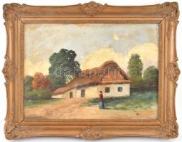 K jelzéssel. Tanya. Olaj, fa. Díszes, neobarokk stílusú, kissé sérült fa keretben, 24x33,5 cm