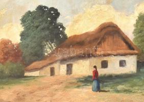 K jelzéssel. Tanya. Olaj, fa. Díszes, neobarokk stílusú, kissé sérült fa keretben, 24x33,5 cm