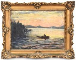 Olvashatatlan jelzéssel: Csónak a tavon (Balaton?). Olaj, vászon, jelzett. Díszes, neobarokk stílusú...