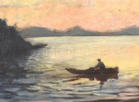 Olvashatatlan jelzéssel: Csónak a tavon (Balaton?). Olaj, vászon, jelzett. Díszes, neobarokk stílusú...