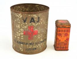 Vaj fém doboz, fedél nélkül, Az amerikai nép adománya felirattal és Vöröskereszt logóval, kopott, rozsdás, m: 18, d: 15 cm + Meinl tea fém doboz fedéllel, m. 12 cm, kopott, rozsdás