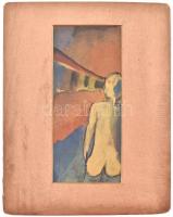 Olvashatatlan jelzéssel: Utca figurával. Akvarell, papír, paszpartuban, 21x9 cm