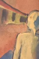 Olvashatatlan jelzéssel: Utca figurával. Akvarell, papír, paszpartuban, 21x9 cm