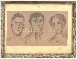 Olvashatatlan jelzéssel: Fejek. Kréta, papír. Üvegezett, foltos keretben, 16x25,5 cm