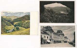 5 db RÉGI kárpátaljai képeslap: Huszt, Beregszász, Szkotarszki hágó, Kőrösmező / 5 pre-1945 town-view postcards from the Kingdom of Hungary (Transcarpathia): Khust, Berehove, Yasinya