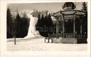 1938 Tátralomnic, Tatranská Lomnica (Tátra, Magas Tátra, Vysoké Tatry); Lomnicky a Kezmarsky stít z parku / Lomnici-csúcs és Késmárki-csúcs a parkból. Václav Sálus kiadása / mountain peaks, park in winter