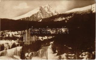 1922 Tátralomnic, Tatranská Lomnica (Tátra, Magas Tátra, Vysoké Tatry); Evang. kostel / evangélikus templom télen / Lutheran church in winter. Fot. Stangler (EK)