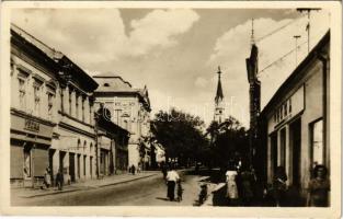1955 Losonc, Lucenec; utcakép, Vesna üzlet, kerékpárok, Református templom / street view, shops, bicycles, Calvinist church (EK)