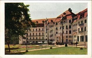 Pöstyén, Piestany; Thermia Palace / szálloda, fürdő, magyar zászlók, automobil, lovaskocsi. Rigler r.-t. kiadása / hotel, spa, bath, Hungarian flags, automobile, horse-drawn carriage