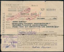 1964 argentin vasúti igazolvány első osztályra, kis szakadással