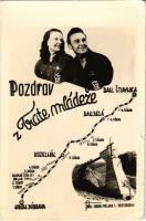 Selmecbánya, Banská Stiavnica; Pozdrav z Trate mládeze! / Csehszlovák kommunista propaganda, vasútépítés Selmecbánya és Felsőbesenyő között / Czechoslovak Union of Youth (CSM) communist propaganda, railway line construction from Banská Stiavnica to Hronská Dúbrava. Foto S. Protopopov (gyűrődés / crease)