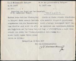 1917 Budapesti cs. és kir. katonai parancsnokság által kiadott, Friedrich Neumann tábornok által aláírt hivatalos levél, amelyben kérik a budapesti tanácsot, hogy szállítsák el a lóhullát az óbudai lókórházból.