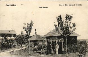 1915 Budapest XXII. Nagytétény, Cs. és kir. katonai lövölde, kert részlet, K.u.K. katonák. Weigand István kiadása (fl)