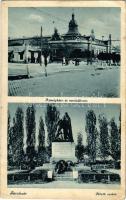 1941 Budapest XXIII. Soroksár, Községháza, vasútállomás, HÉV (Helyiérdekű Vasút) állomás, üzlet, Hősök szobra, emlékmű. Temler és Balogh felvétele. Hoffmann Lőrinc kiadása (ázott sarkak / wet corners)