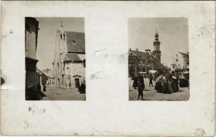 Sopron, Szentlélek templom, Városház-torony, piaci árusok, Fischer, Szirák üzlete. photo (apró lyukak / tiny holes)