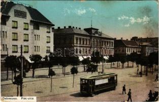 Debrecen, Piac utca, Takarékpénztár, villamos. Thaisz Arthur kiadása (szakadás / tear)