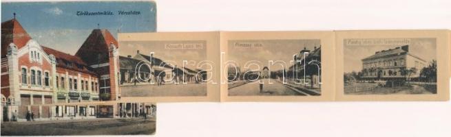 Törökszentmiklós, Városháza. leporellólap, belül: vasútállomás, vigadó, Kossuth Lajos tér, üzletek, ...