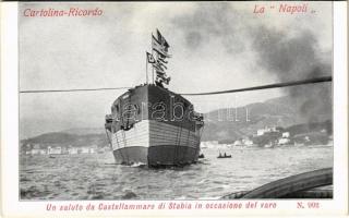 Cartolina Ricordo La Napoli. Un saluto da Castellammare di Stabia in occasione del varo N. 992 / launching of the Italian battleship Napoli of Regia Marina