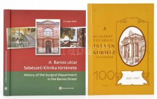 A Baross utcai Sebészeti Klinika története. Szerk.: Dr. Langer Róbert. Bp.,2011,Semmelweis Kiadó. Magyar és angol nyelven. Kiadói kartonált papírkötés.+A Budapest Fővárosi István Kórház történetének 100 éve. 1885-1985. Szerk.: Balázs Tamás, Ugrin László, Vértes László. Bp., 1985.,(Dabasi Nyomda.) Fekete-fehér fotókkal illusztrált. Kiadói kartonált papírkötés.