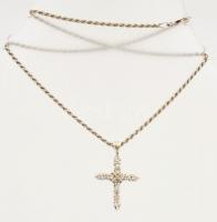 Ezüst(Ag) walles nyaklánc fehér kövekkel kirakott kereszt medállal, jelzett, h: 40,5 cm, medál: 3x2 ...