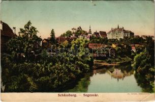 1908 Segesvár, Schässburg, Sighisoara; látkép, városháza. Jos. Drotleff / general view, town hall, riverside (kis szakadás / small tear)