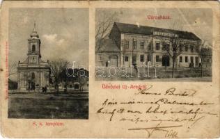 1907 Arad, Újarad, Aradul Nou; Római katolikus templom, Városháza. Mayr Lajos kiadása / Catholic church, town hall (EM)
