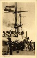 Osztrák-Magyar Haditengerészet csatahajójának fedélzeti légvédelmi ágyúi / K.u.K. Kriegsmarine Fliegerabwehr / Austro-Hungarian Navy battleship's air defence cannons. Phot. A. Hauger 1916 Nr. 1007.