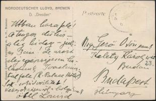 Márk Lajos (1867-1942) festőművész autográf üdvözlő képeslapja Gerő Ödön (1863-1939) újságírónak küldve, a Norddeutscher Lloyd, Bremen D. Dresden hajóját ábrázoló képeslapon, útban hazafelé. Kis sérüléssel.