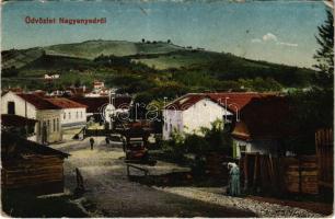 1923 Nagyenyed, Aiud; utca, kút. Földes Ede kiadása / street view, well (kopott sarkak / worn corners)