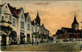 1919 Nagyenyed, Aiud; Fő tér, Református vártemplom, Farkas Vilmos üzlete, Gyógyszertár. Földes Ede kiadása / main square, Calvinist fortified church, shops, pharmacy (EK)