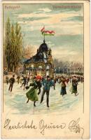 1900 Budapest XIV. Városliget, korcsolyázók a pavilonnál télen, magyar zászló. Kunstanstalt Kosmos S. IX. litho
