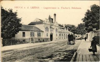 Lajtabruck, Bruck an der Leitha; Lagerstrasse und Fischers Bräuhaus / Laktanya utca, sörgyár / street, brewery + K.u.K. Einj. Freiw. Detachement des 2. Korps IV. Heereskompagnie