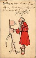 1903 Boldog új évet! Judaika / New Year greeting with Jewish man on the telephone. Judaica (EK)