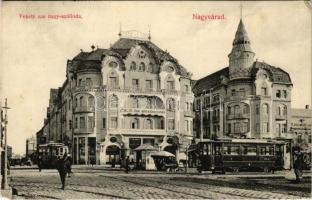 1909 Nagyvárad, Oradea; Fekete Sas szálloda, villamosok, piac / hotel, trams, market (EK)